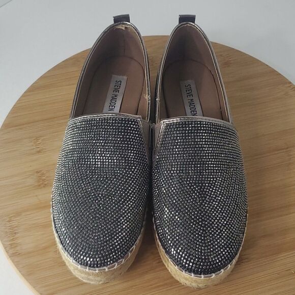 Steve Madden Chopur Embellished Espadrilles Silver Glitter Flats Size 6.5 B - Picture 1 of 9